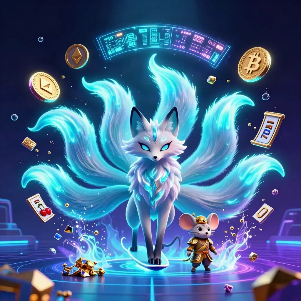 Neon fox spirit and samurai mouse amid coins, lightning and casino shards on a dark cosmic grid.