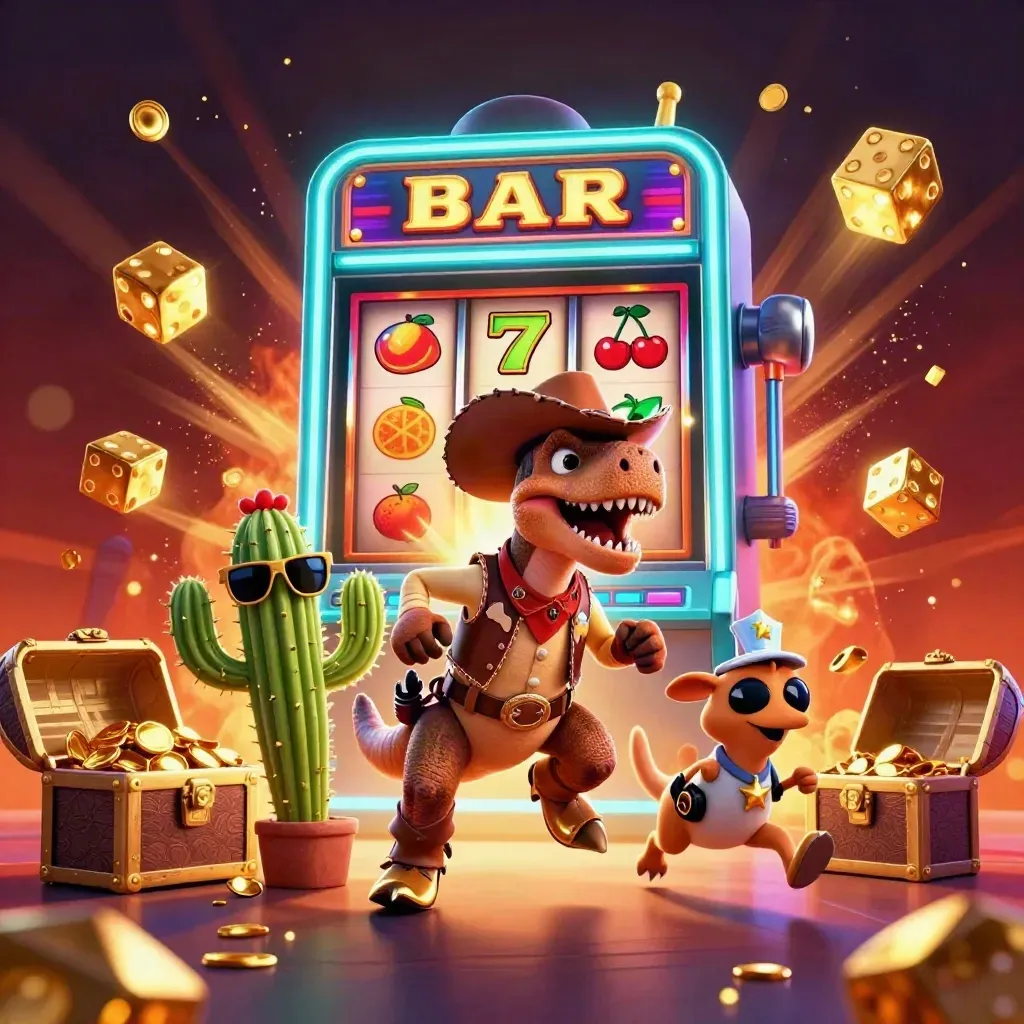 Cowboy T-Rex, cactus sidekick, and roadrunner amid a bursting slot machine and gold