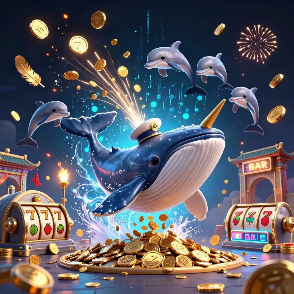 Cartoon whale captain, narwhal, and dolphins burst through coins with casino magic and fireworks.