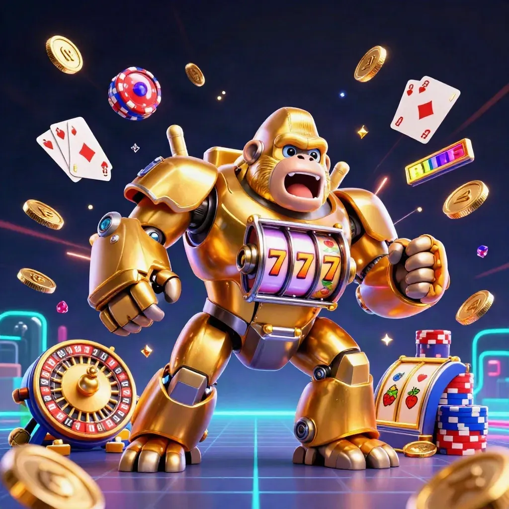 Golden gorilla slot mech with monkey pilot, coins, chips, cards and cosmic casino lights.