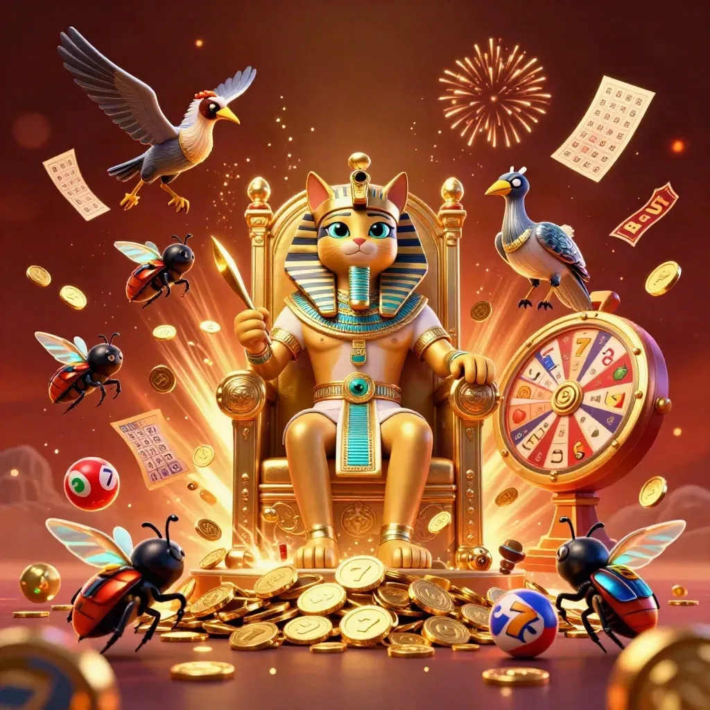 Pharaoh cat on throne with ibis scribe, scarabs, coins, slots, fireworks, and casino loot
