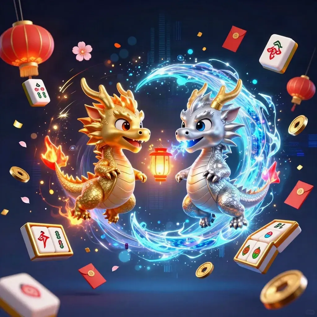 Gold and silver dragons whirl with a lantern spirit, coins, reels, fireworks, and neon casino energy.