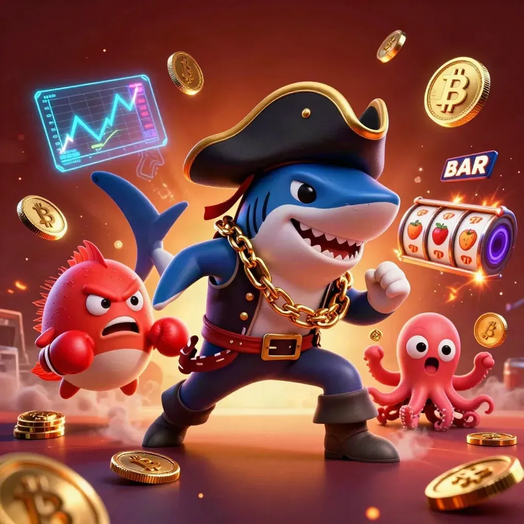 Shark pirate, boxing pufferfish, and juggling octopus amid neon coins on a fiery casino backdrop.