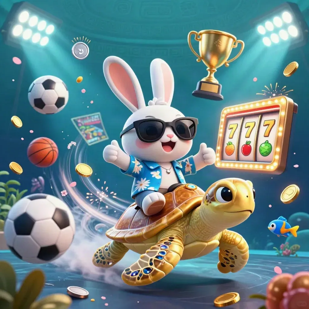 Lucky rabbit rides a golden sea turtle amid coins, slots, trophies, and cosmic casino effects underwater.