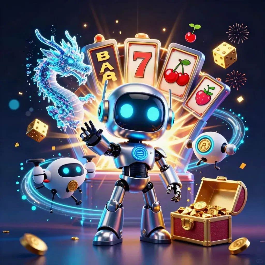 Chrome robot, holographic dragon and coin drone erupt from a slot machine with gold dice and treasure.