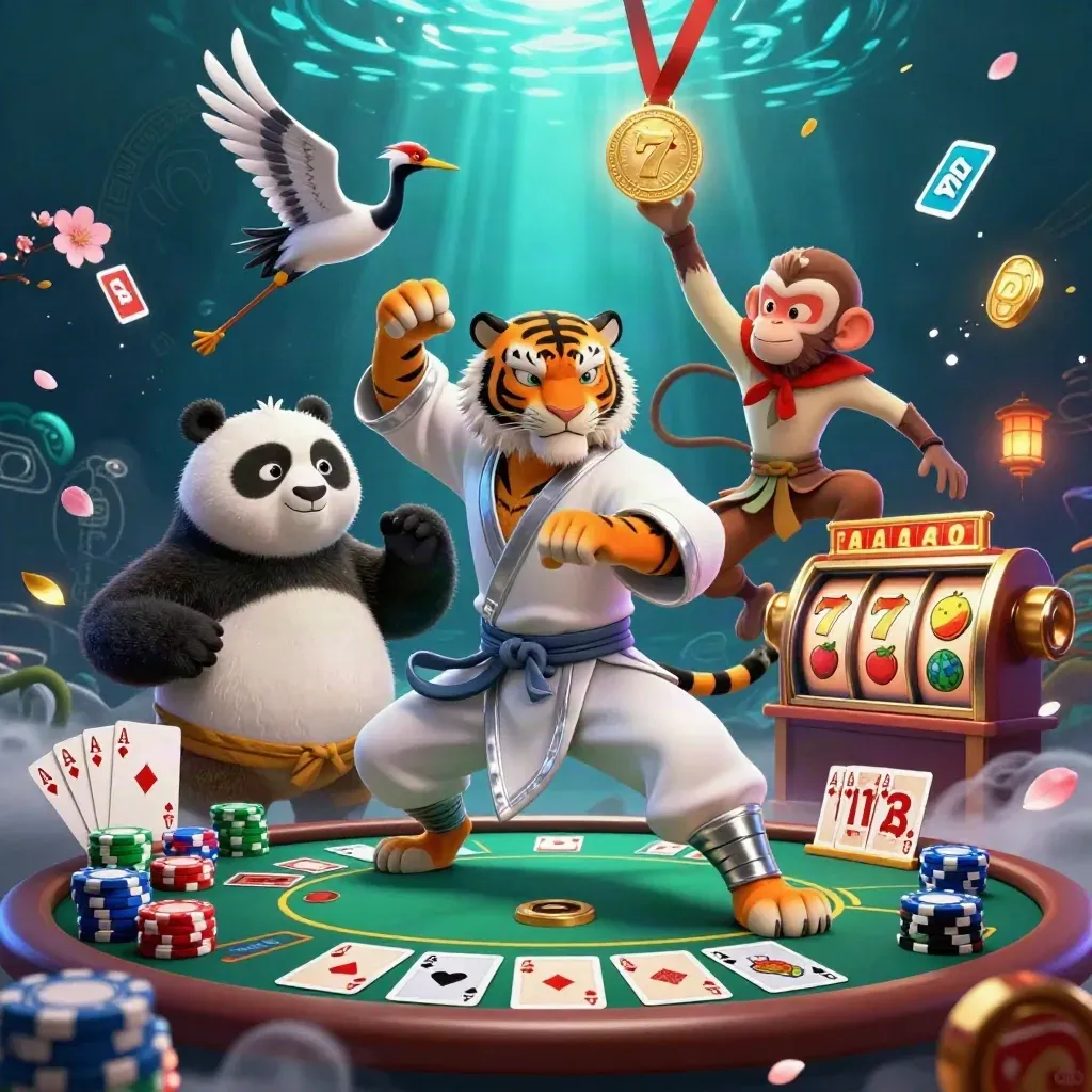 Kung-fu tiger, panda, and monkey amid casino chips, reels, and cosmic glow.