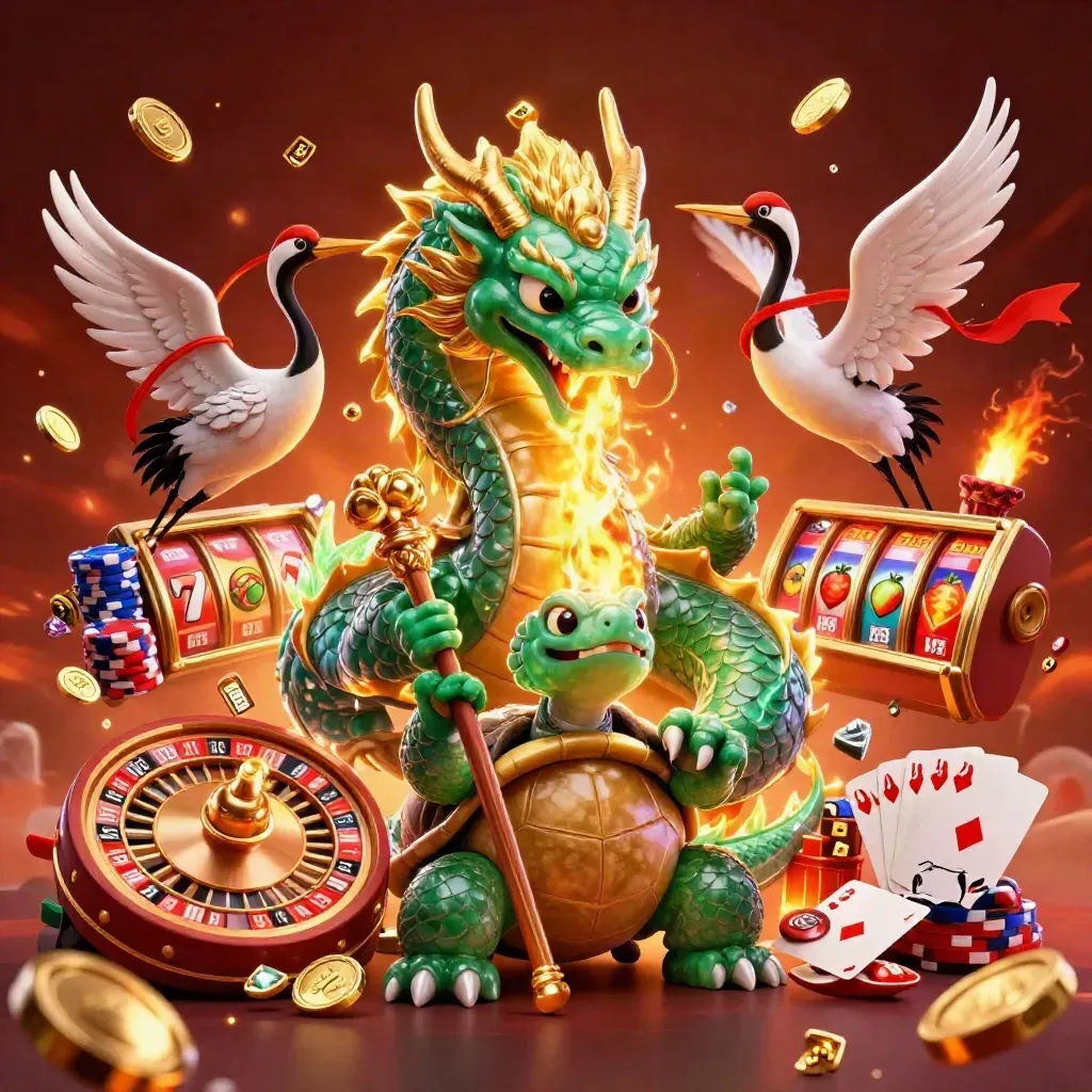 Emerald jade dragon, turtle sage, and cranes amid gold coins, roulette, chips, and ember light.