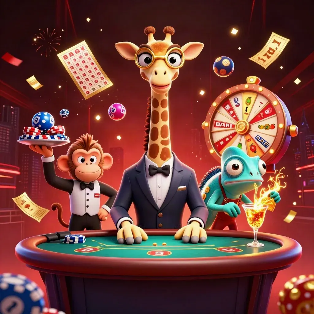 Giraffe, monkey, and chameleon at a glowing casino table with reels, balls, and fireworks