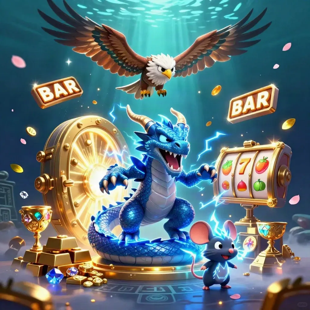 Thunder dragon, hawk and crackling mouse erupt from a glowing vault amid gold, gems and neon casino effects.