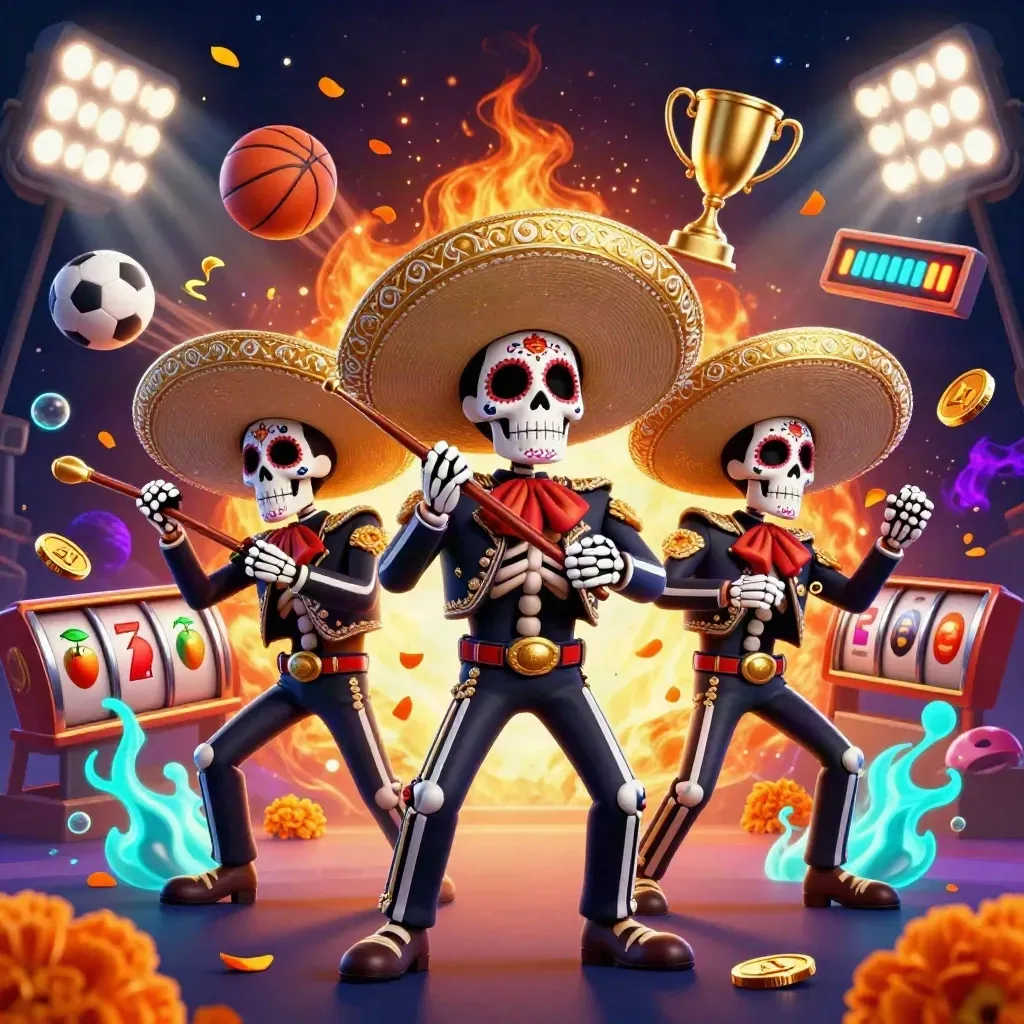 Skeleton mariachi trio amid flying sports balls, slot symbols, coins, and neon casino glow.