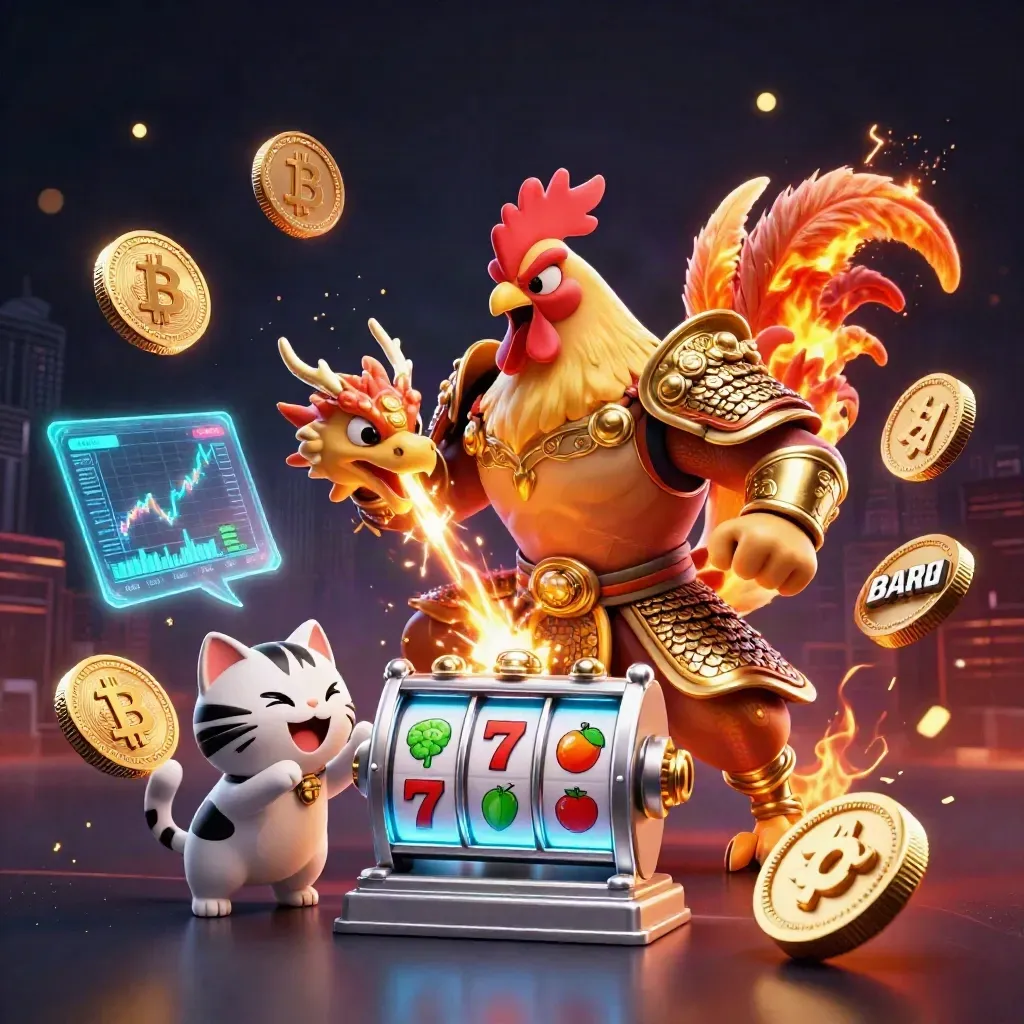 Rooster samurai, spark-breathing hatchling and fortune cat amid casino coins and neon slot effects