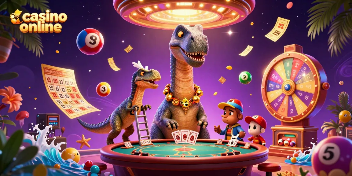 Menghadirkan pengalaman casino online dengan dinosaurus 3D dan elemen permainan yang dinamis di latar belakang kasino.
