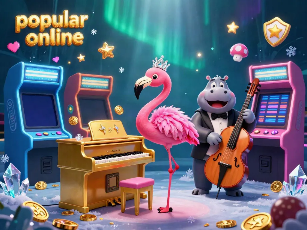 Experience the thrill of a popular online casino with a lively flamingo singer and hippo bassist, surrounded by gaming machines.