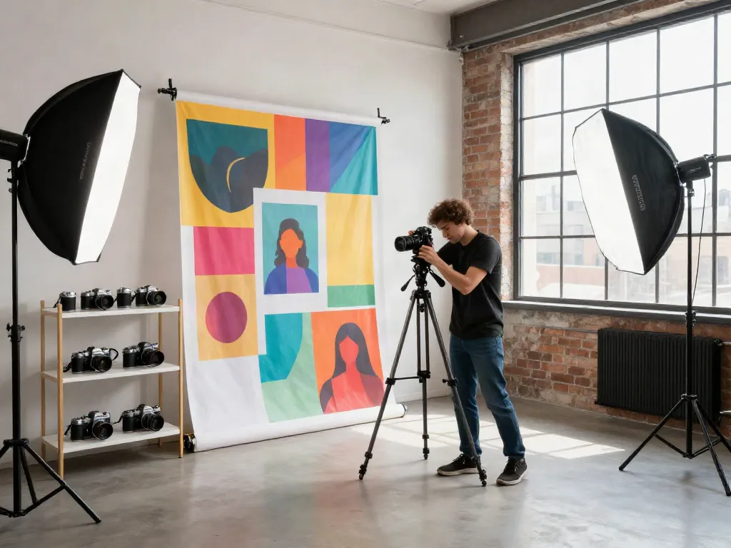 Fotografi kreatif BIGHOKI88 di studio modern dengan pencahayaan dramatis.