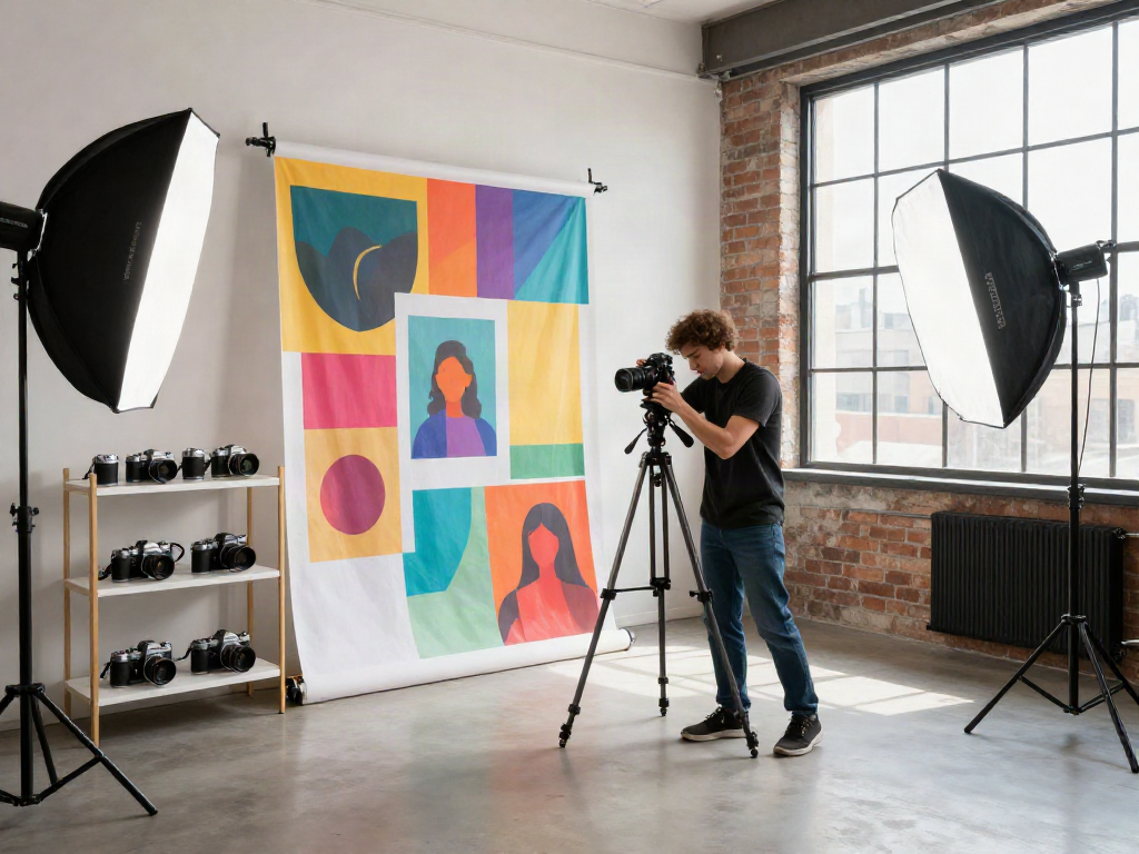 Fotografi kreatif BIGHOKI88 di studio modern dengan pencahayaan dramatis.