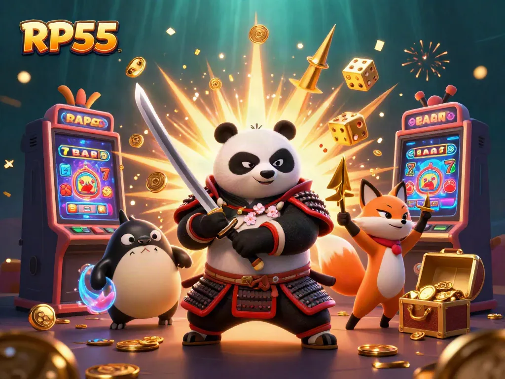 Experience the excitement of RP55 as a vibrant samurai panda and ninja fox enjoy a jackpot explosion.
