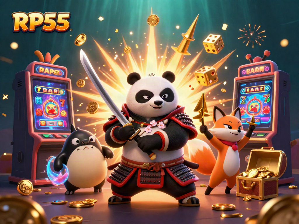 Experience the excitement of RP55 as a vibrant samurai panda and ninja fox enjoy a jackpot explosion.