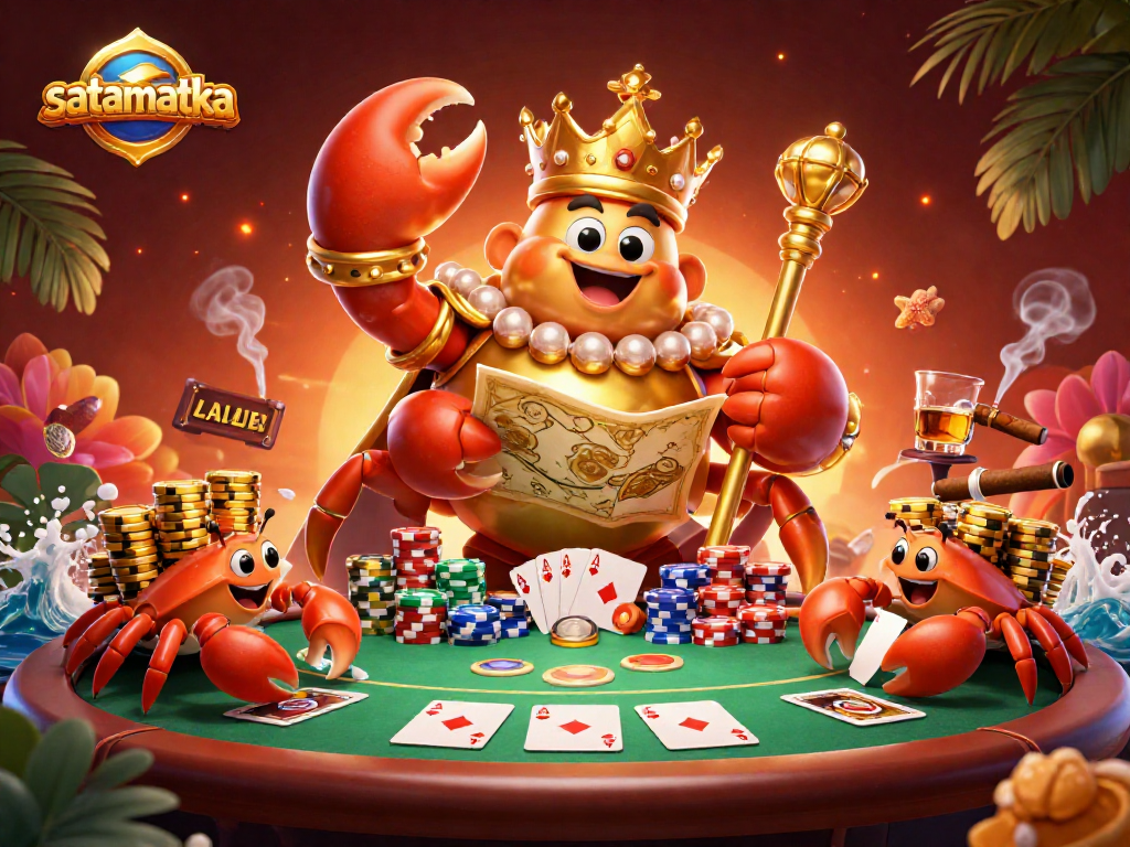 Join the satamatka action with a golden crab emperor ruling a vibrant poker scene full of dynamic elements.