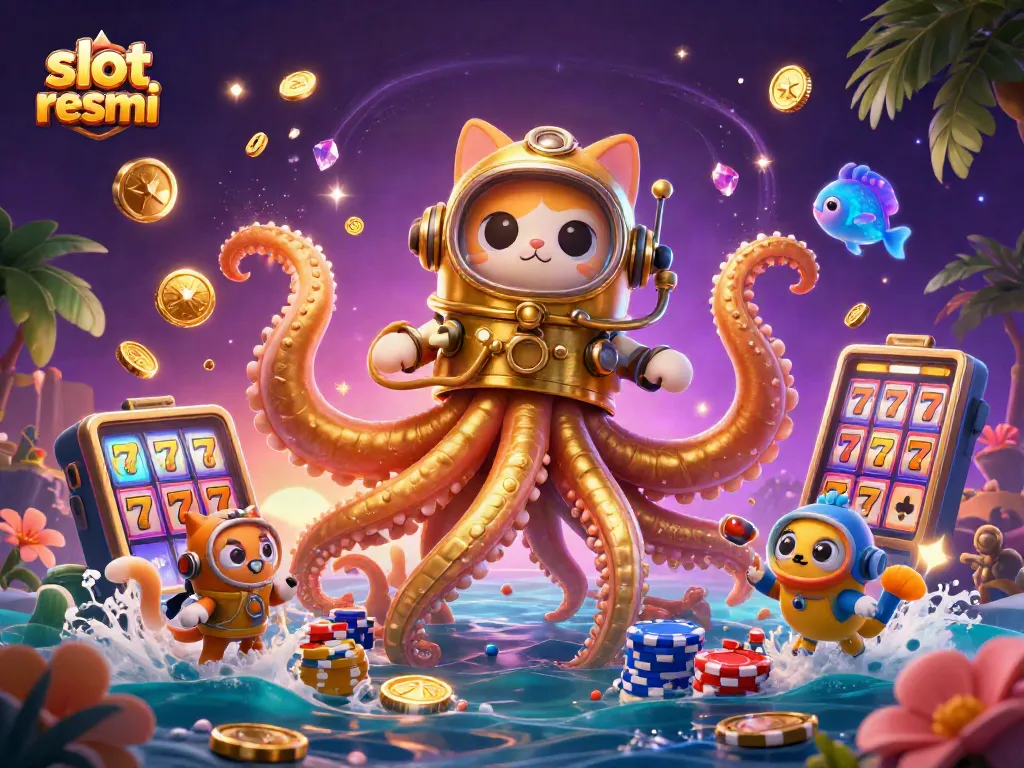 Menggiring slot resmi dengan berbagai simbol kemenangan, kraken raksasa dan kucing penyelam menghiasi ilustrasi kasino.