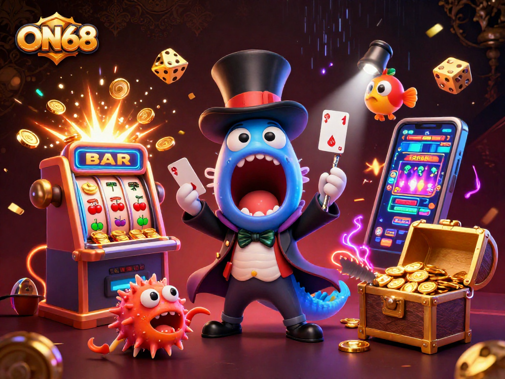 Experience the thrill of ON68 with creative card tricks in a vibrant casino scene!