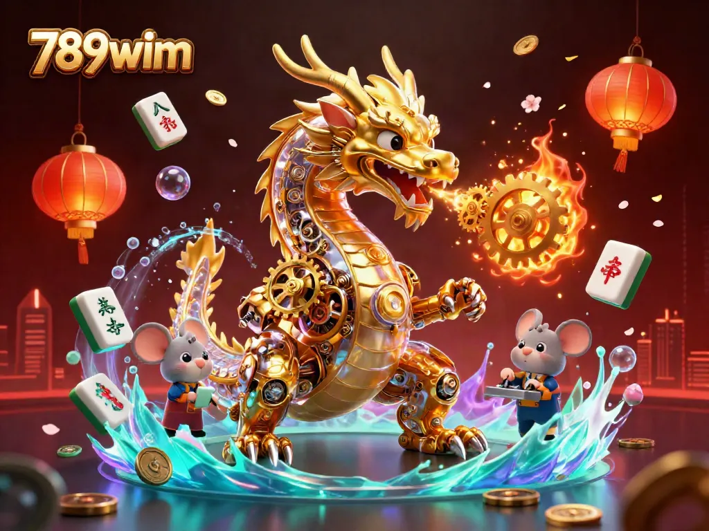 Experience thrilling action at 789wim with a golden dragon, gaming elements, and festive decorations.