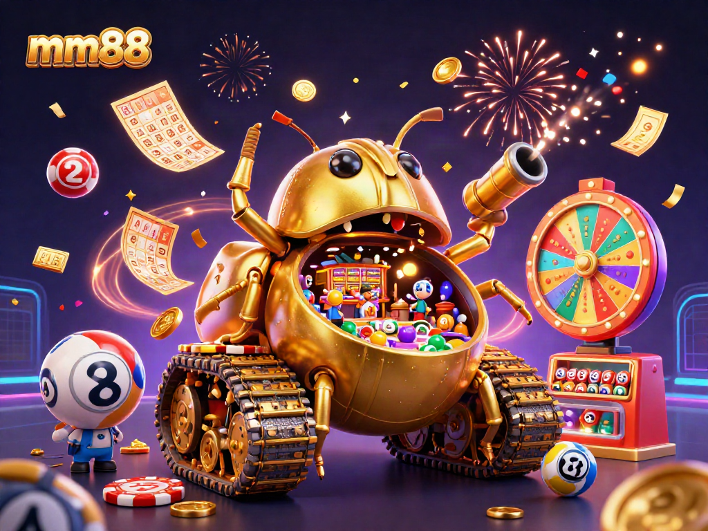 Engage with mm88 casino dynamics: vibrant icons, games, and gold confetti in a lively digital art scene.
