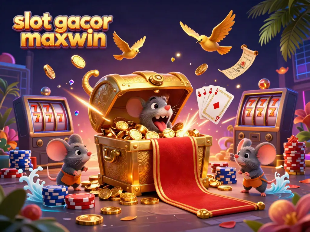 Experience thrilling wins with slot gacor maxwin as adventurer mice discover treasure in a vibrant casino setting.