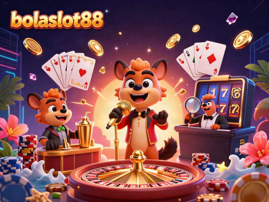 BOLASLOT88 showcases hyenas in a dynamic casino scene with golden elements and vibrant colors.