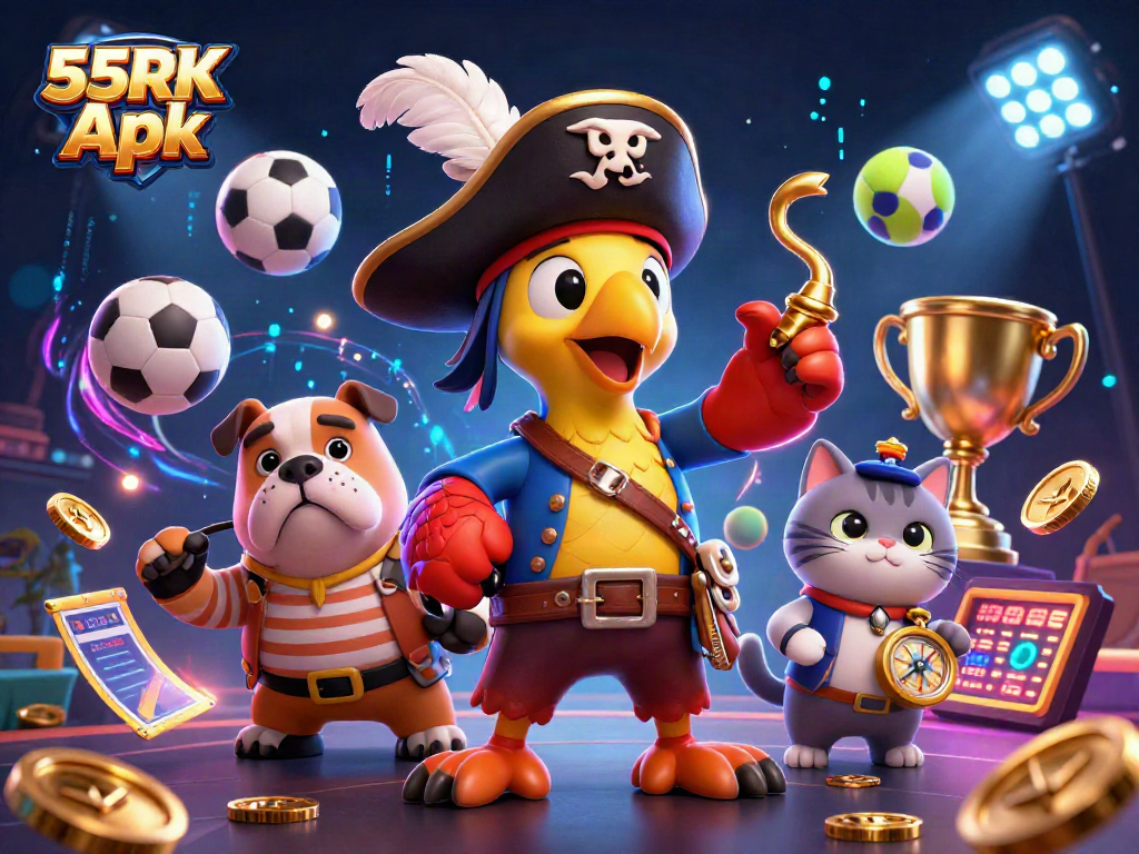 Engage with the vibrant world of 55RK Apk, showcasing thrilling sports betting action featuring animated characters.