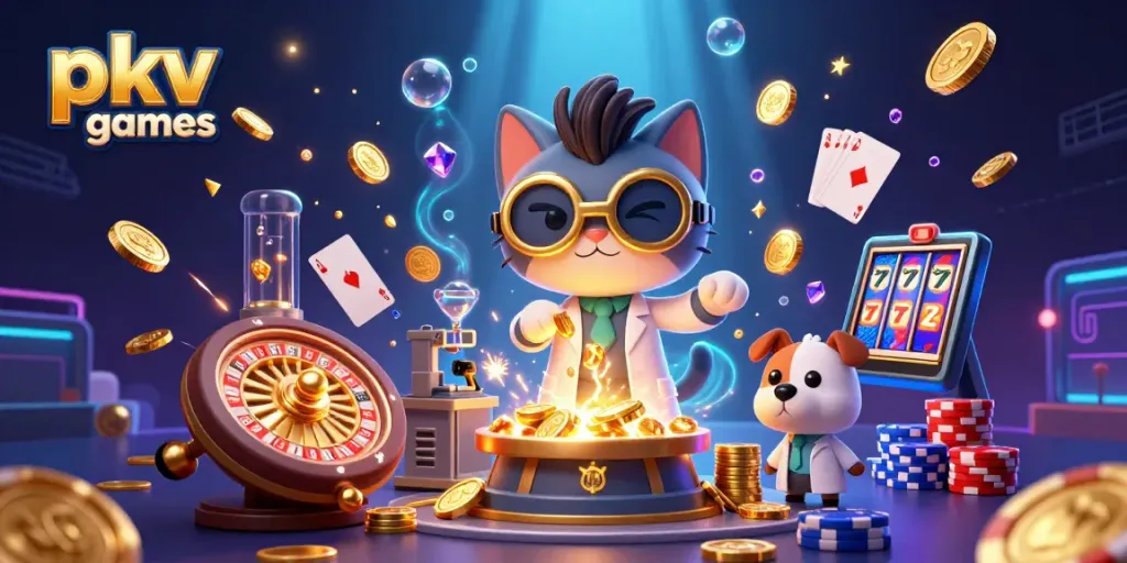 Engage with pkv games in an exciting 3D cartoon scene filled with casino elements and vibrant colors.