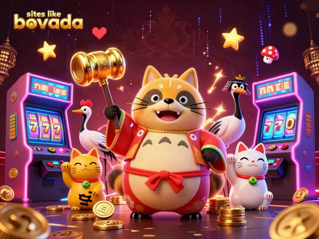 Engage exciting gaming experiences with sites like Bovada illustrated by a cheerful tanuki in a vibrant casino scene.