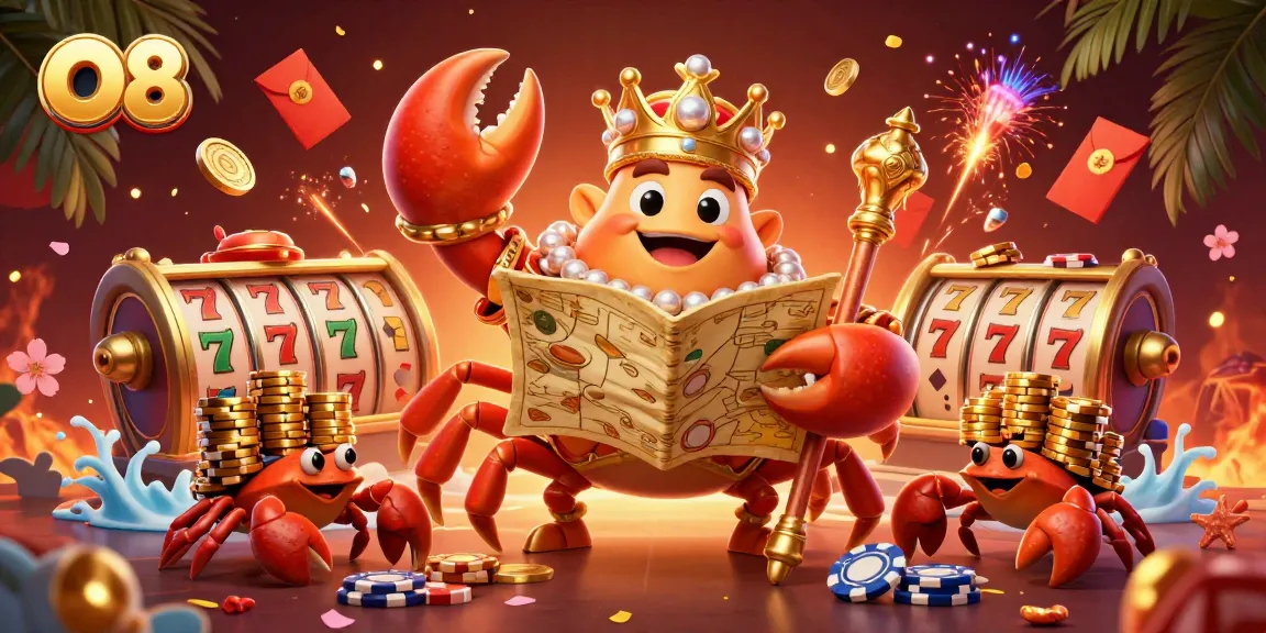 Experience thrilling gameplay with O8 as the golden crab emperor leads treasure-filled adventures in vibrant casino style.
