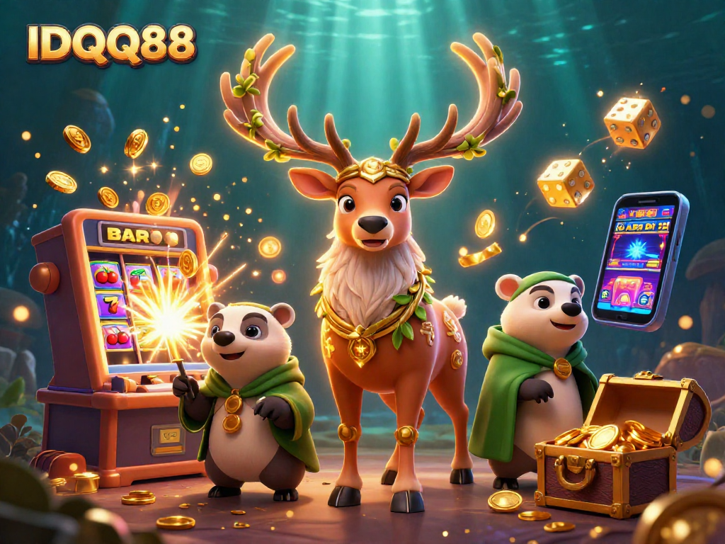 IDQQ88 slots jackpot scene with druid stag, wise badger, and floating spirits in a vibrant casino