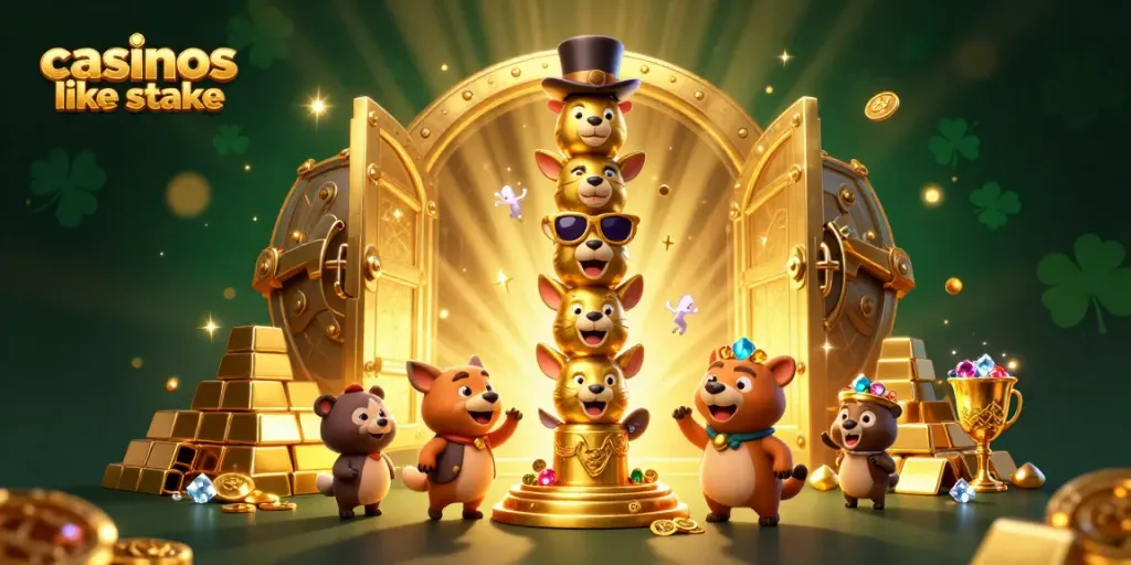 Engage with exciting styles at casinos like stake, featuring an animated totem pole in a vibrant casino atmosphere.