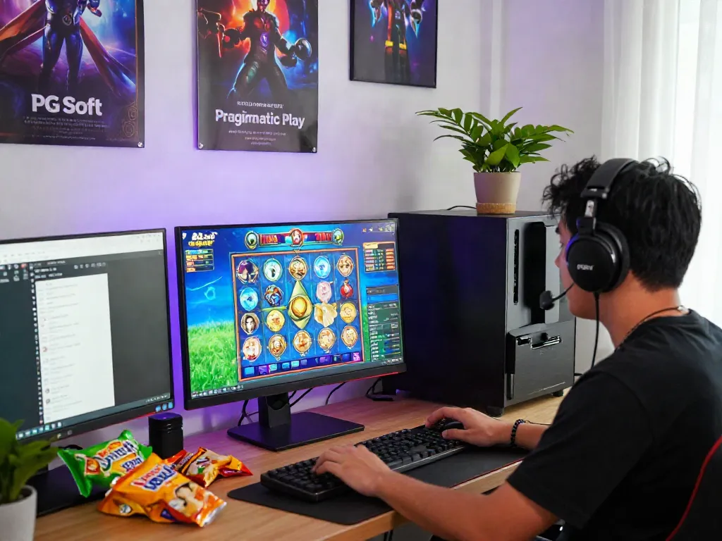 Exciting scene of a player enjoying slot gacor games on desktop with vibrant graphics and gaming decor.