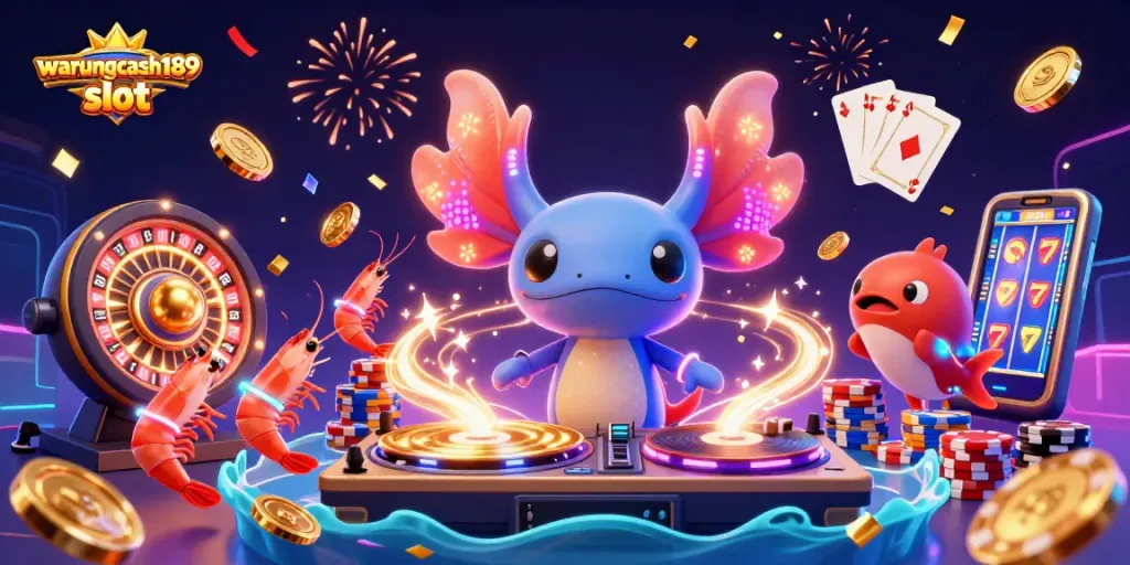 Experience the vibrant energy of warungcash189 slot with a neon-themed casino illustration featuring lively characters.