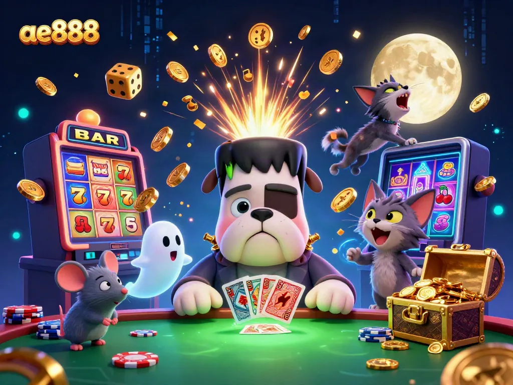 Experience the thrill of playing casino games with ae888's lively 3D characters featuring a Frankenstein bulldog and more.