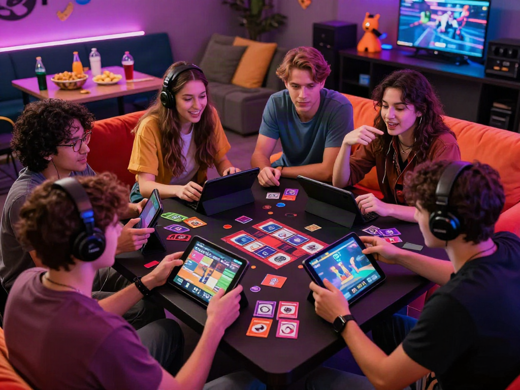 Friends engaged in lively discussion around a table playing sex games, colorful environment enhancing interaction.