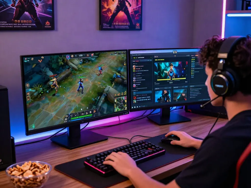 Luxury111 gaming environment featuring a player engaged in competitive online gaming with dual screens and vibrant LED lights.