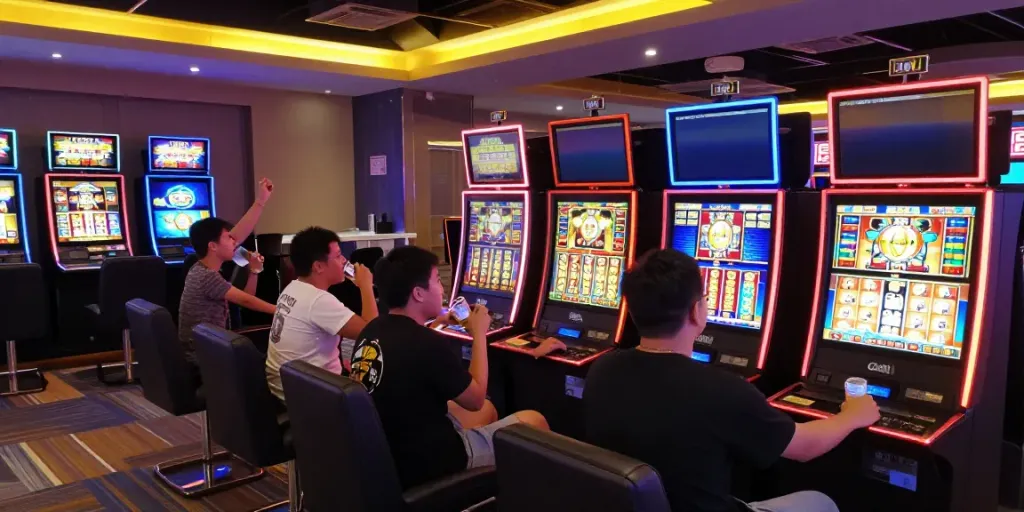 Players enjoying luxury12 slot machines in an energetic gaming lounge.