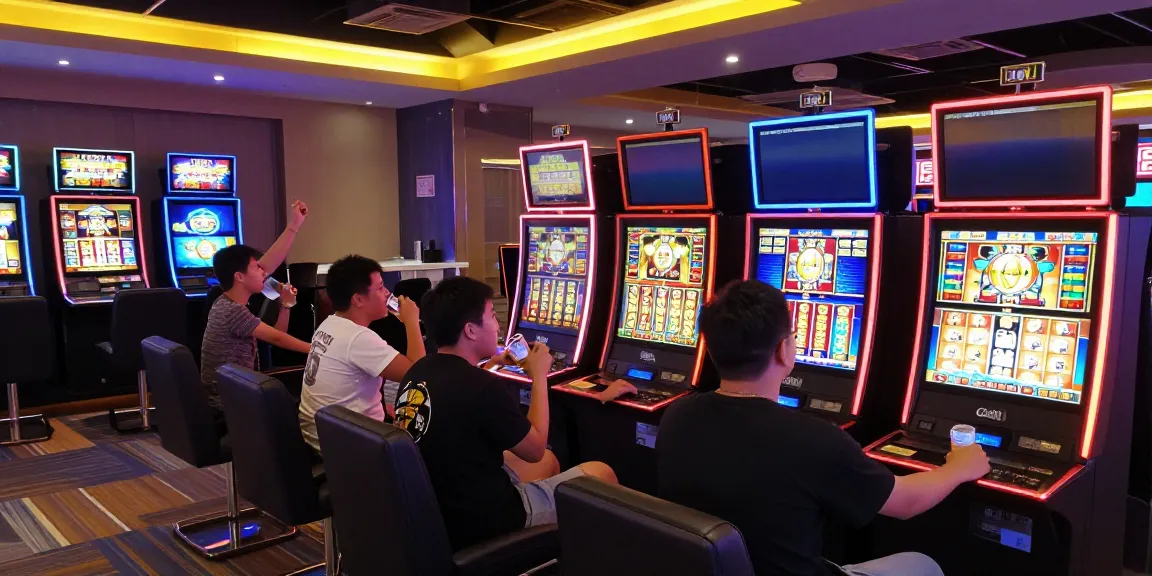 Players enjoying luxury12 slot machines in an energetic gaming lounge.