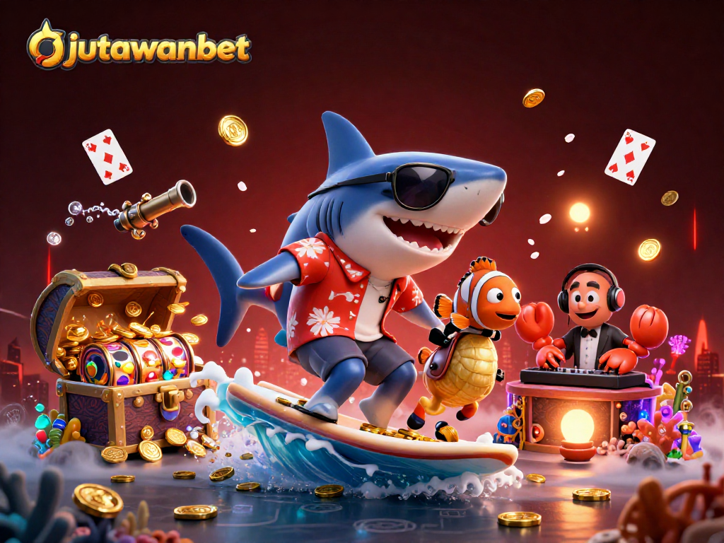 Experience excitement at jutawanbet with a 3D shark surfing on gold coins amid bright casino elements.