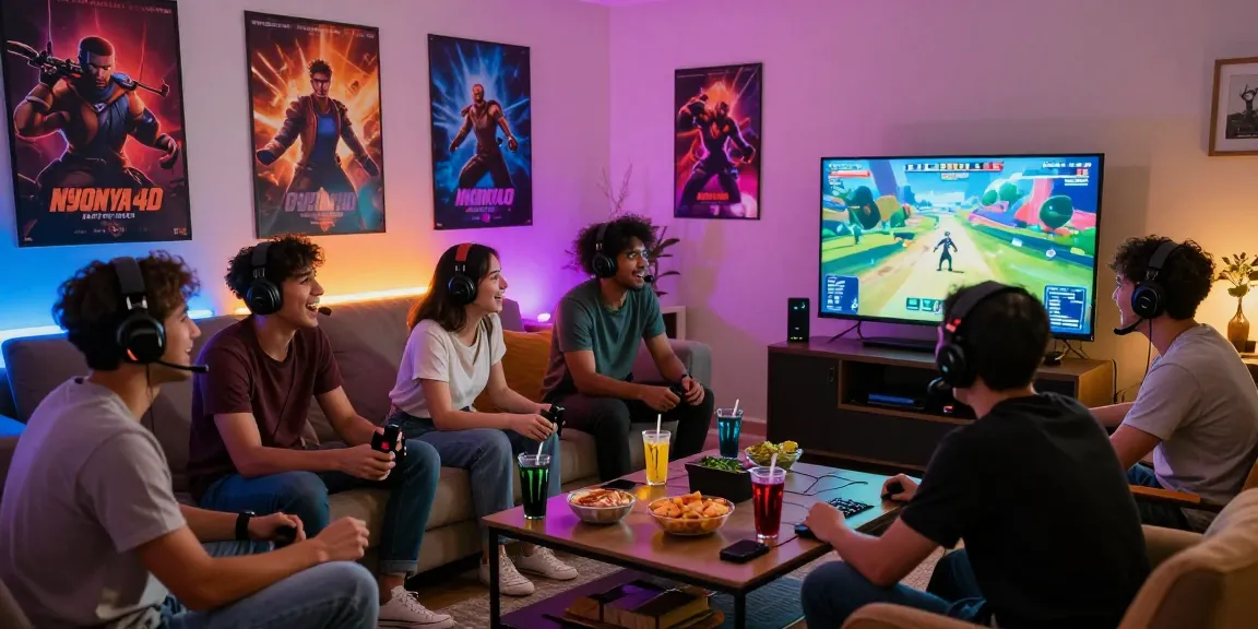 Friends engaged in an exciting Nyonya4D gaming session in a lively living room.