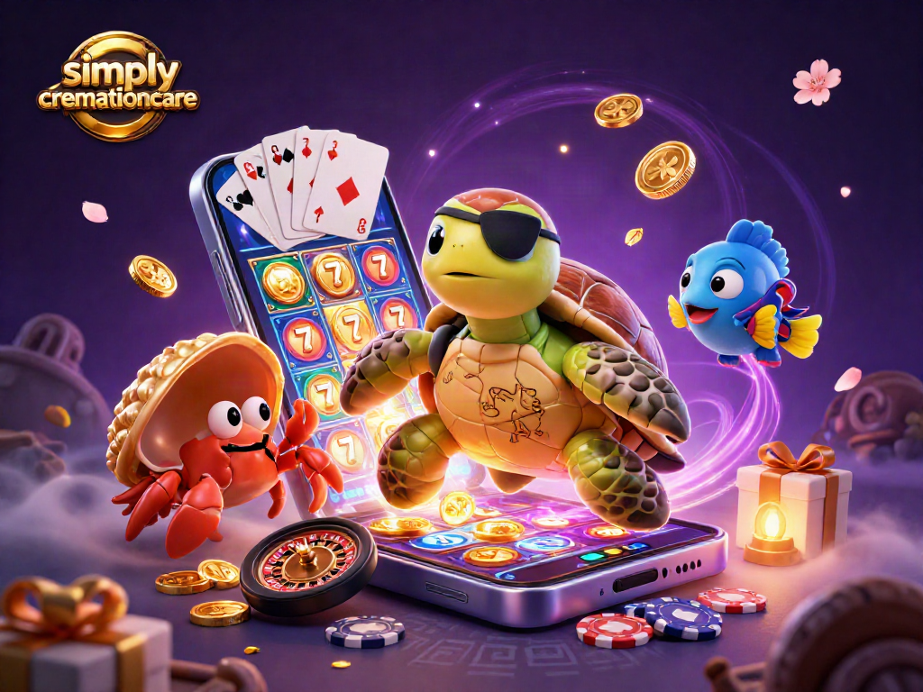 Engage with simplycremationcare's vibrant casino adventure featuring a lucky pirate turtle and treasures.