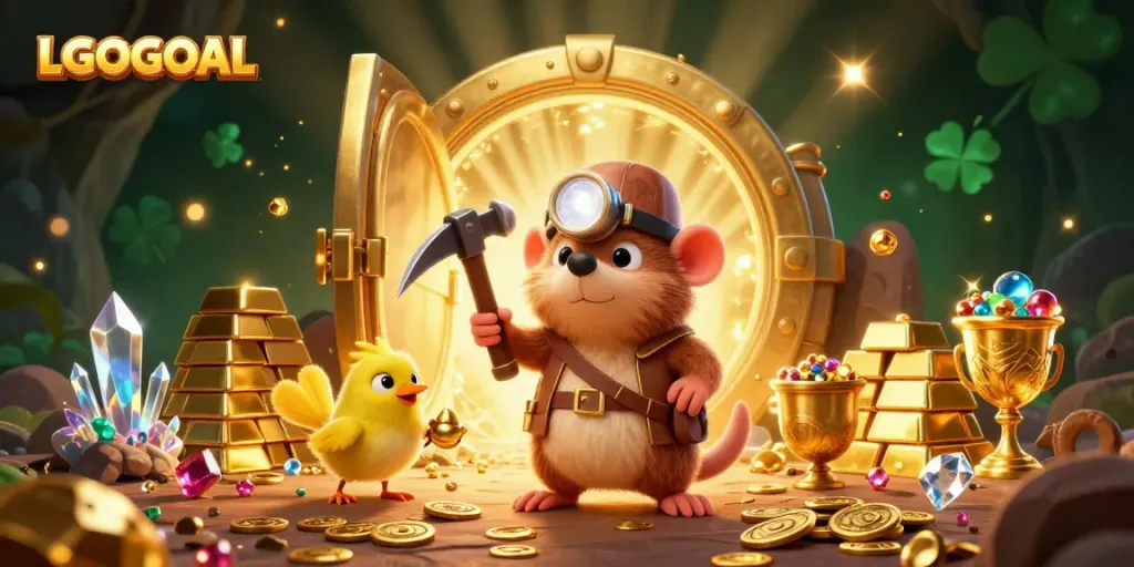Experience LGOGOAL with a dynamic scene of a treasure hunter mole uncovering gems in a magical cave.