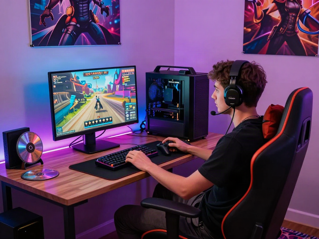 Engaging gamer playing a porn game in a cozy, colorful bedroom with LED lights.