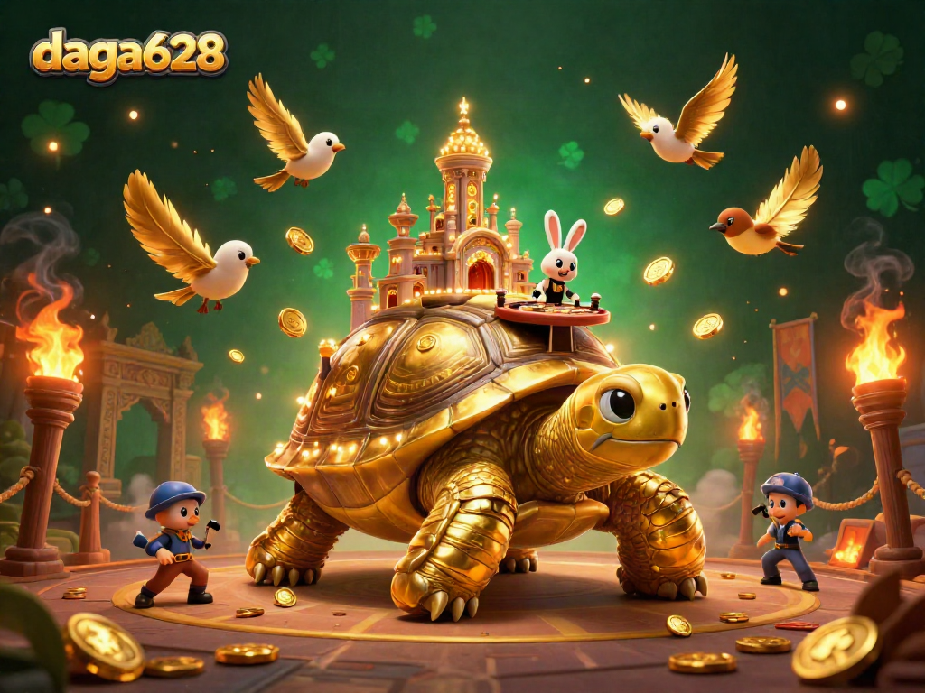 daga628 engages viewers with a vivid illustration of a golden tortoise casino, featuring dynamic gaming elements.