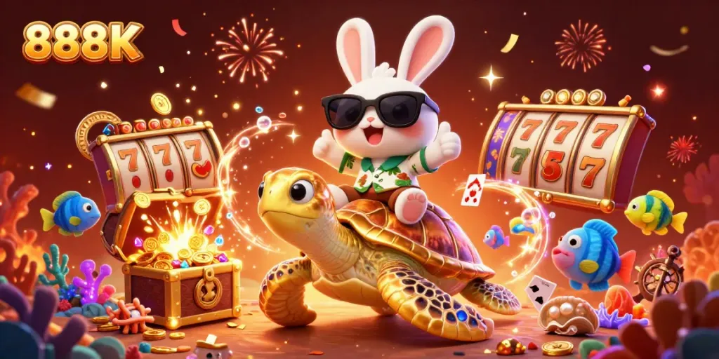 Experience the excitement of 888K's slots with a vibrant illustration showcasing joy and energy.