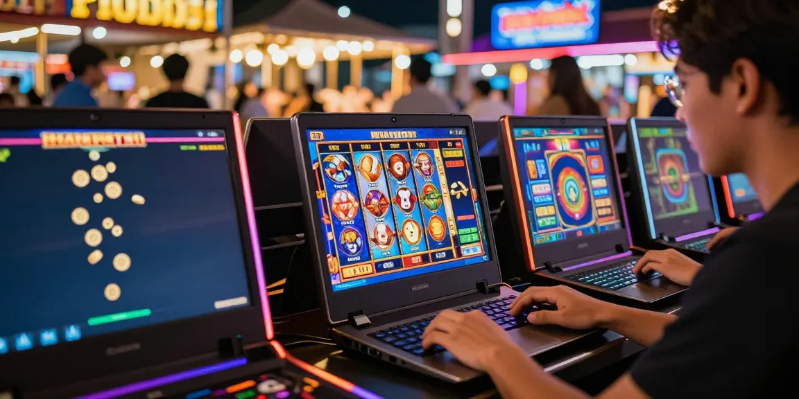 Engaged player enjoying slot server thailand games on a modern laptop with vibrant graphics and coins.