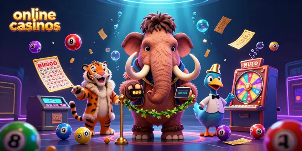 Experience the thrill of online casinos with a cartoonish woolly mammoth bouncer, vibrant lottery prizes, and unique casino ambiance.